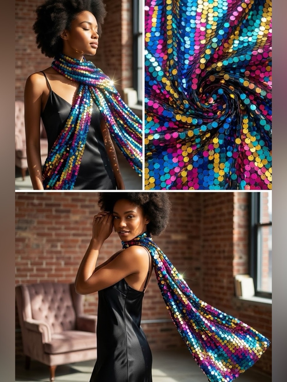 Vibrant Sparkle Multicolor Sequin Long Scarf Statement Evening Party Wrap Shawl